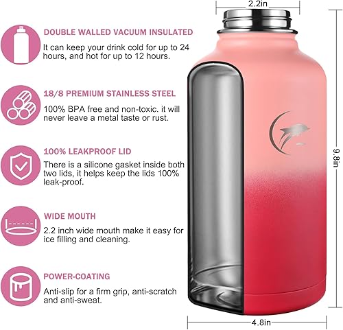 Miniatura 2 de Botella de agua aislada de 64 onzas, botella de agua de acero inoxidable al vacío con tapas de popote y tapas de boquilla, mango de paracaídas,