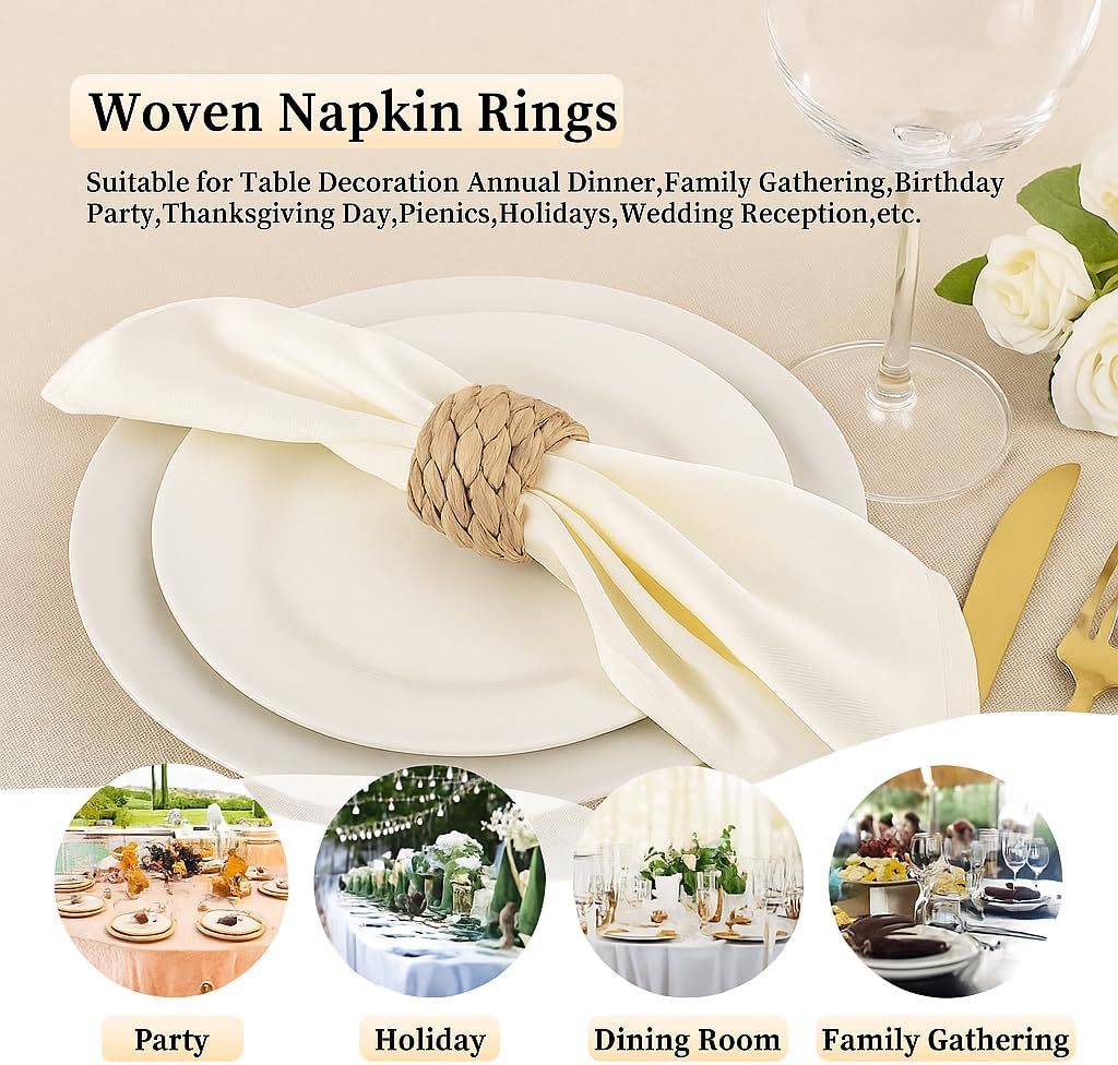 Napkin Rings Set of 4, Handmade Water Hyacinth Boho Napkin Rings, Anillos para Servilletas De Tela, Rustic Farmhouse Napkins Holder for Elegant Table Decoration, Christmas Table Decor, Wedding Decor