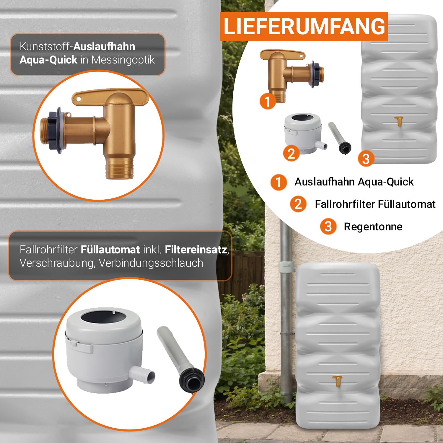 GARANTIA CUBUS Gartentank Komplett-Set 340 Liter betongrau inkl. Kunststoff-Auslaufhahn und Fallrohranschluss - Regentonne eckig zum Regenwasser sammeln auf Terrasse - Regenwassersammler flexibel