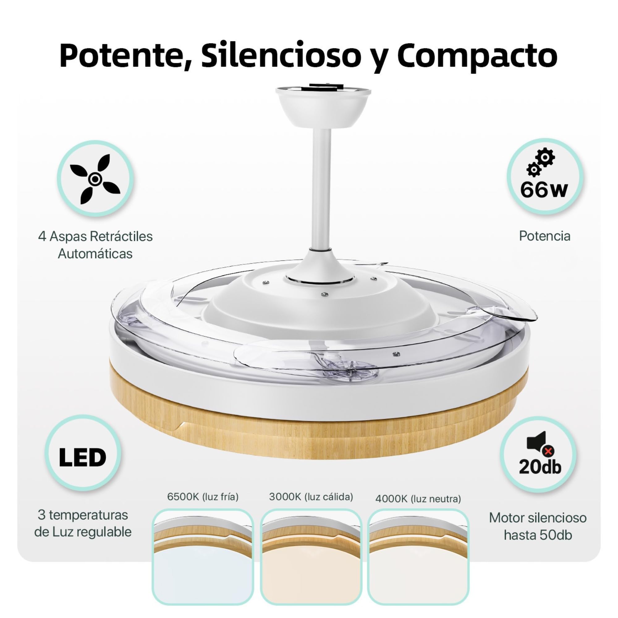 LEDUNI ® Ventilador techo con luz 66W controlador incorporado | Silencioso con Mando a Distancia+Control APP y Palas Retráctiles Interiores función verano-invierno (Madera)