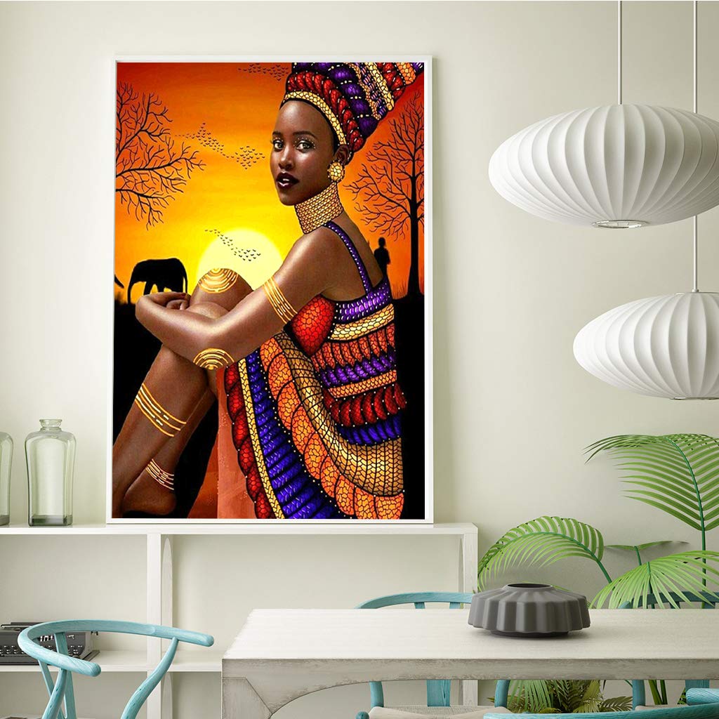 Afrique Dame Diamond Painting Grand Format 45x15 cm, 5D Diamond Painting Adulte Peinture Diamant, DIY Diamant Painting, Puzzle Broderie Diamant Kit Complet, pour Murale Salon Decoration Gifts, 145L