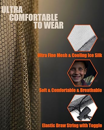 Mosquito Head Net, 2 Pack Ultra Fine Ice Silk Cooling Breathable Soft Large Long Mesh for Outdoors, Fits Most Hats