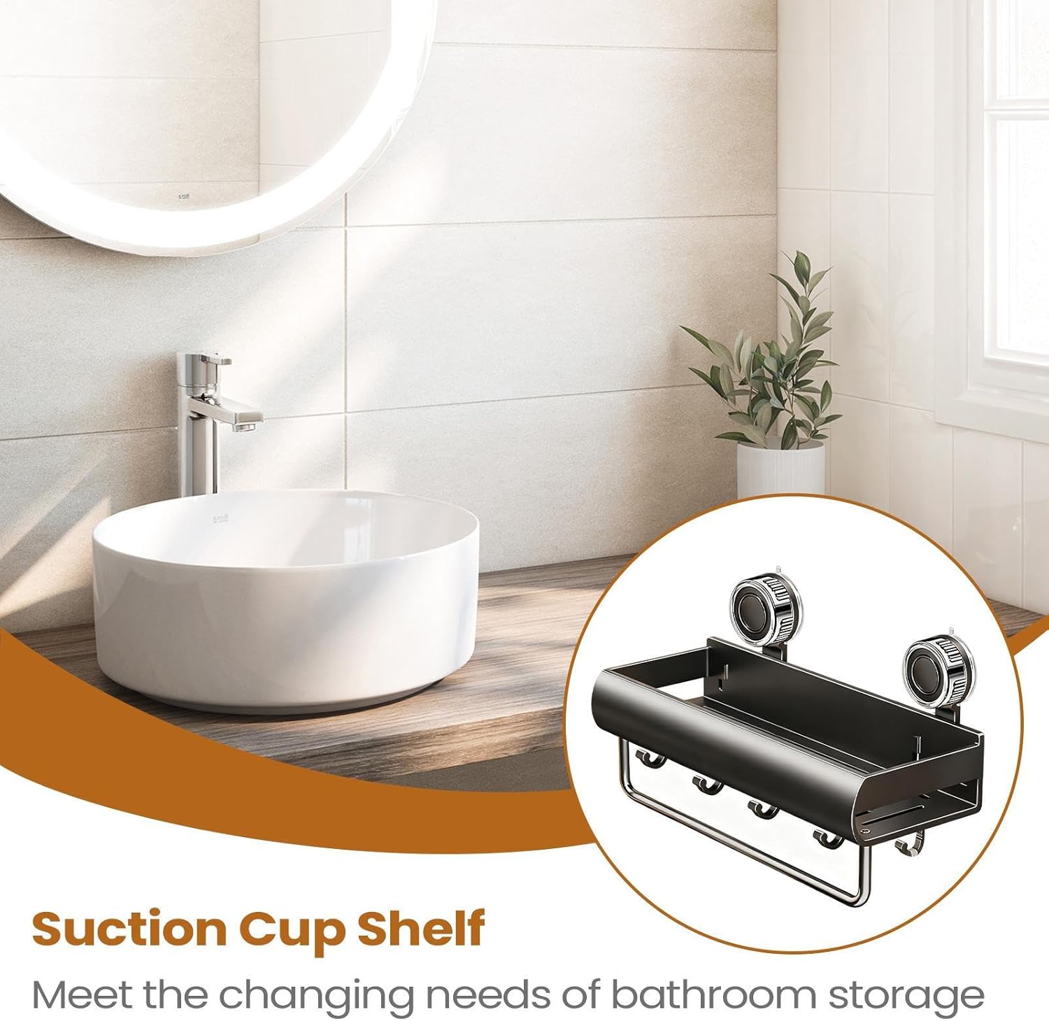 シャワーシェルフ吸盤 | フック付きドリル不要 吸盤 バスルームシェルフ ランドリールーム トイレ 寝室 キッチン シャンプー ソー