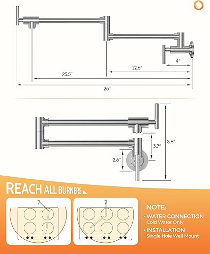Miniatura 46 de WOWOW Grifo de llenado de ollas de níquel pulido, relleno de olla de latón macizo, montaje en pared, grifo de estufa de cocina con brazos oscilantes