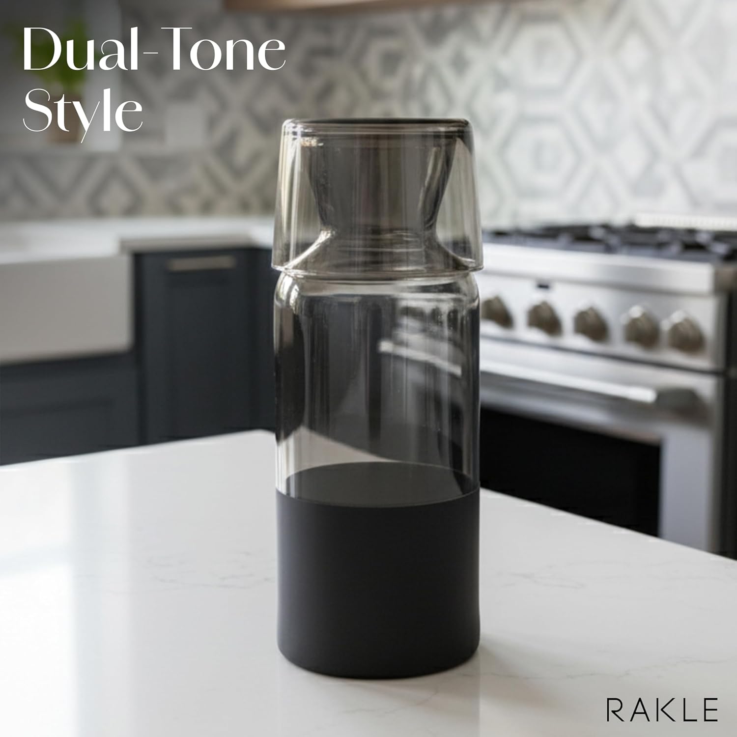 RAKLE Bedside Water Carafe & Glass Cup Set, 700cc 24oz Nightstand Decanter for Bedroom Kitchen Office, Glass Carafe Set for Home, Matte Black