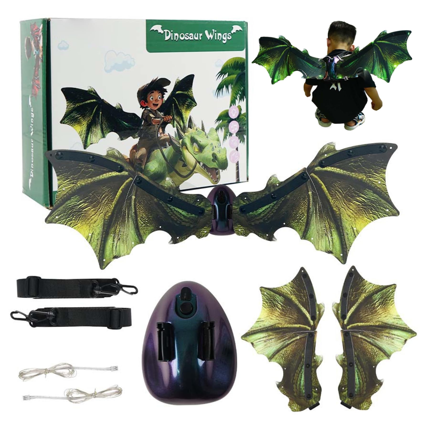Decorazioni di Halloween, Ala di Drago per Bambini Costume Realistico da Drago Verde con Ala Luce e Movimento Alimentato a Batteria Costumi da Vestire per Halloween, Palcoscenico, Feste