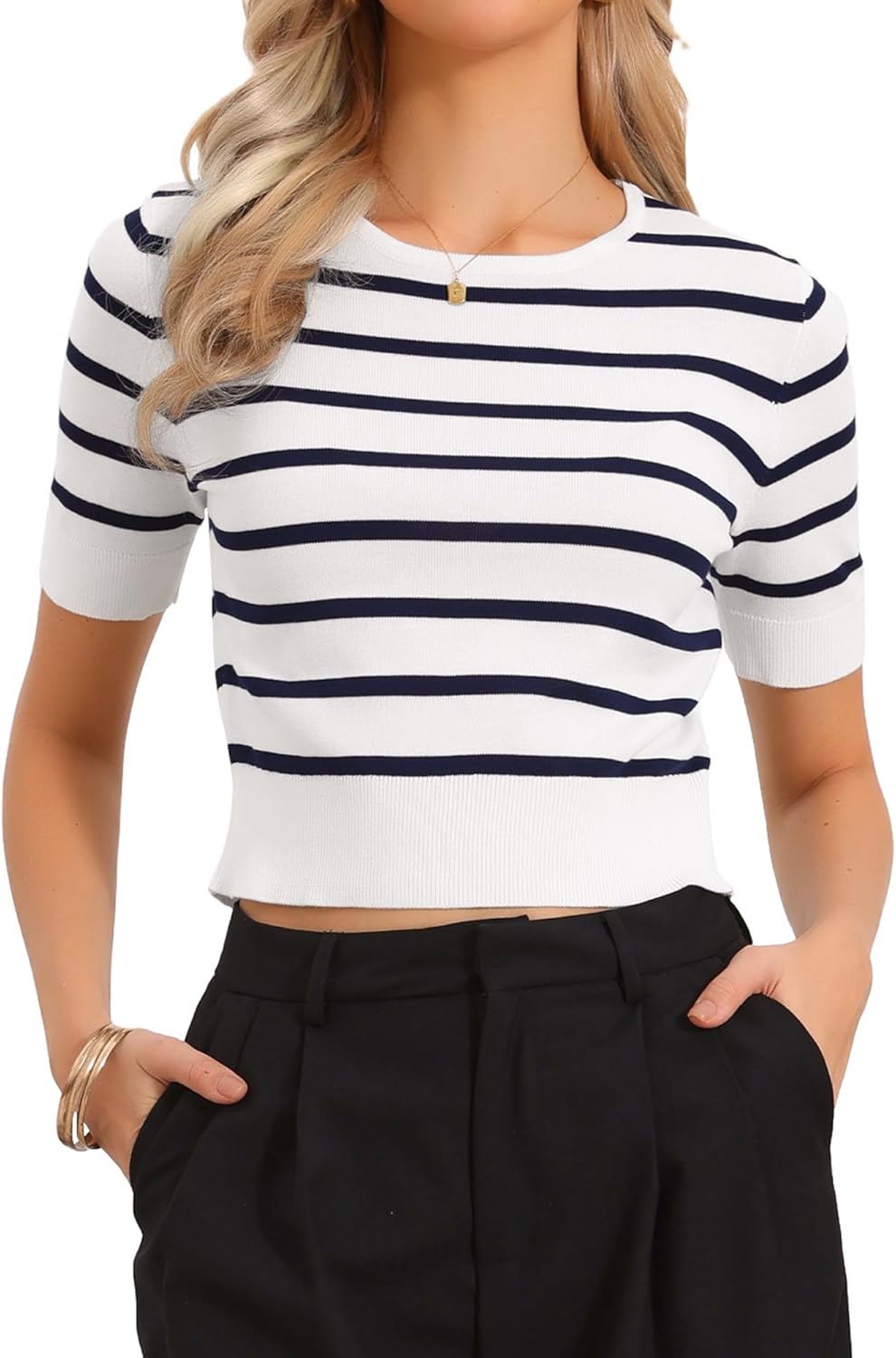 Allegra K Short Sleeve Striped Top for Women Crew Neck t Shirts 2026 Summer Knit Casual Cropped Pullover Sweater