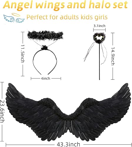 Miniatura 4 de Disfraz de alas de ángel y halo para adultos, alas de ángel de plumas para mujeres, niños y niñas, disfraz de fiesta temática de Halloween