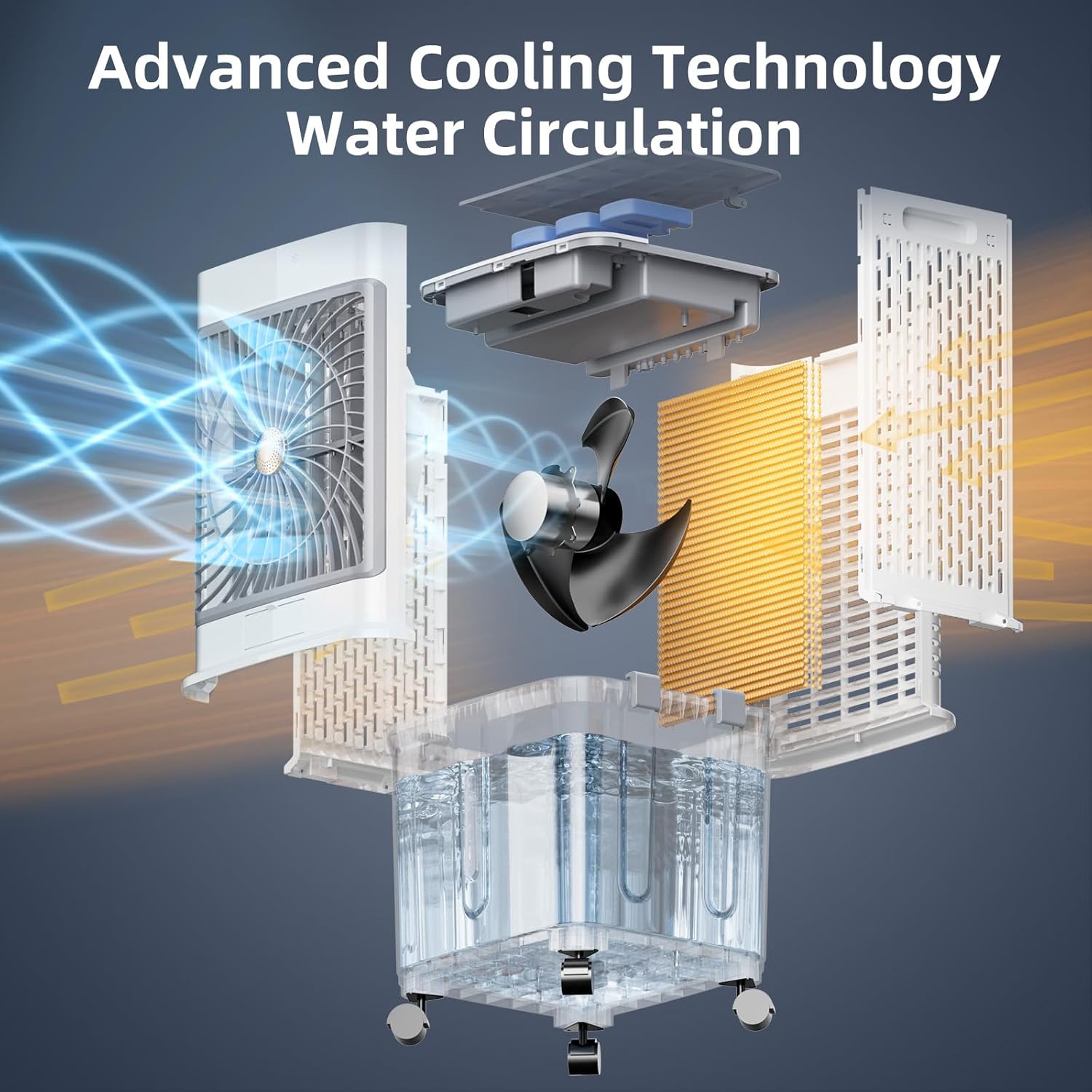 Flymoon Upgraded Cooling Technology 10 Gallon Portable Evaporative Cooler, featuring 120° oscillation, a 7-hour timer, a remote control, and a removable water tank. Includes free aroma diffuser pad.