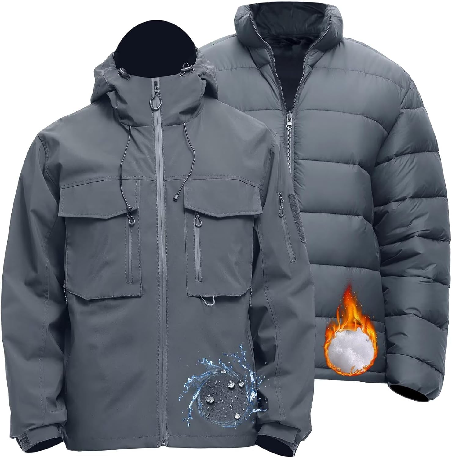 Men's 3 in 1 Waterproof Winter Jackets Ski Warm Snow Rain Coat Puffer Liner Hood Windbreaker