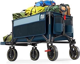 Timber Ridge 49" Extra Long Collapsible Folding Wagon with Tailgate and Brakes, 300lbs Heavy Duty Foldable Wagon with Adjustable Handle, 250L Capacity Portable Cart for Outdoor Camping Sports, Blue