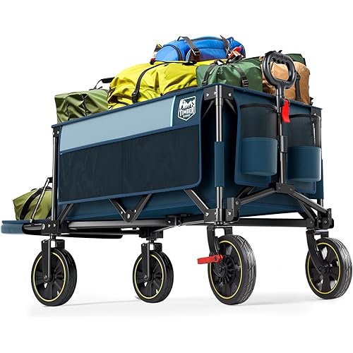 Timber Ridge 49" Extra Long Collapsible Folding Wagon with Tailgate and Brakes, 300lbs Heavy Duty Foldable Wagon with Adjustable Handle, 250L Capacity Portable Cart for Outdoor Camping Sports, Blue