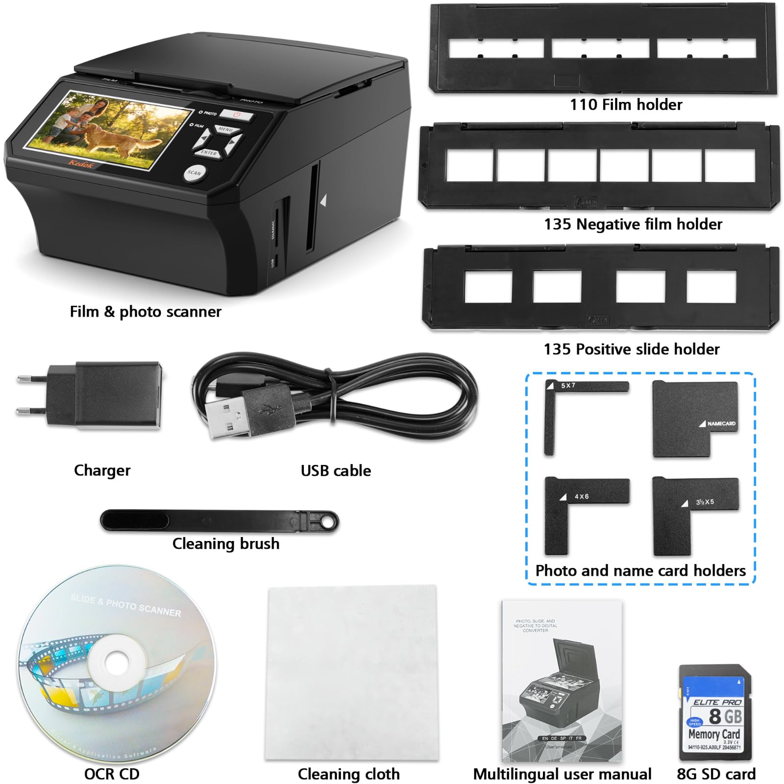 Scanner 4-en-1 Diapositives et Négatifs, Scanner Photo 22MP avec Écran LCD 5", Convertit 135/110 Films/Négatifs/Photos en JPEG Numérique, Carte SD 8Go Incluse