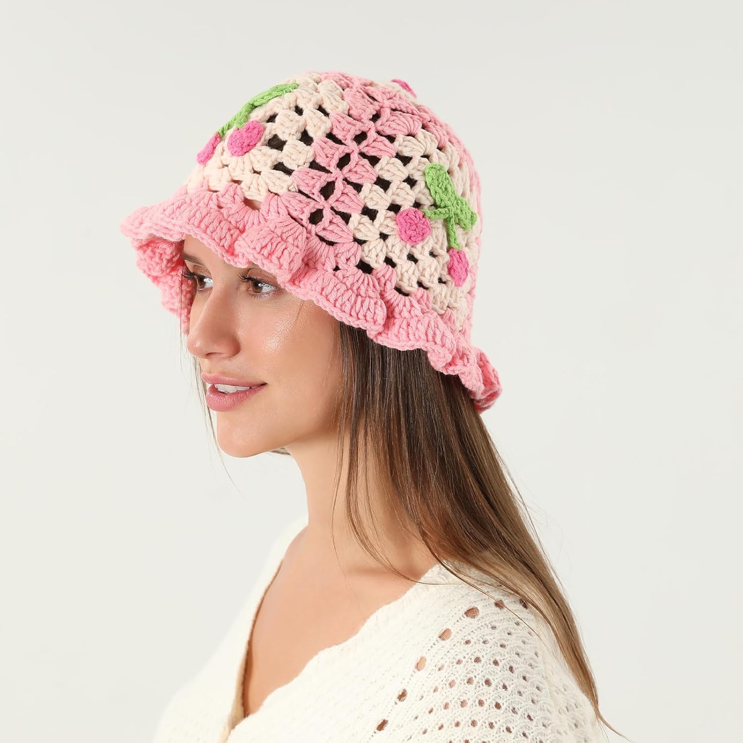 Fiewmay Crochet Bucket Hat for Women Handmade Floral Hat Portable Knitted Elastic Cute Beach Hat for Vacation Traveling - Image 6
