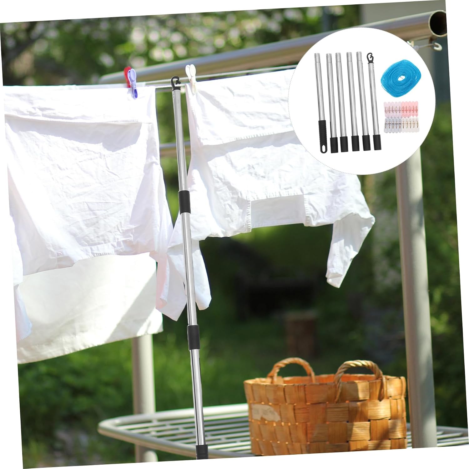 Portable Weather-Resistant Clothesline 2.2m with Set Detachable Outdoor Steel Prop Nylon Rope, Includes Heavy-Duty Clips Laundry Drying and for Travel and Balcony