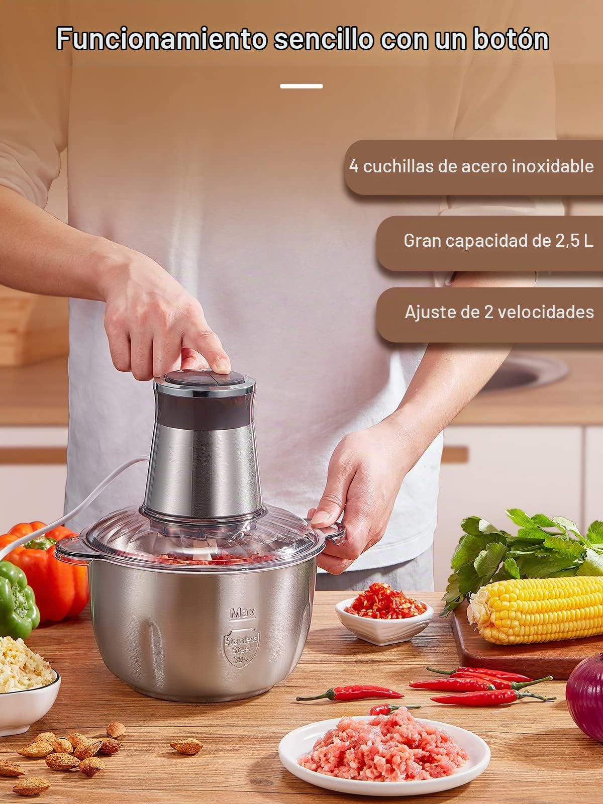 FOHERE 350W Picadora Eléctrica de Alimentos 3.5 L Trituradora de Alimentos | de Acero Inoxidable, Picadora de Alimentos con 4 Cuchillas y 2 Velocidades Ideal para Cebolla, Calabaza, Carne, Hierbas