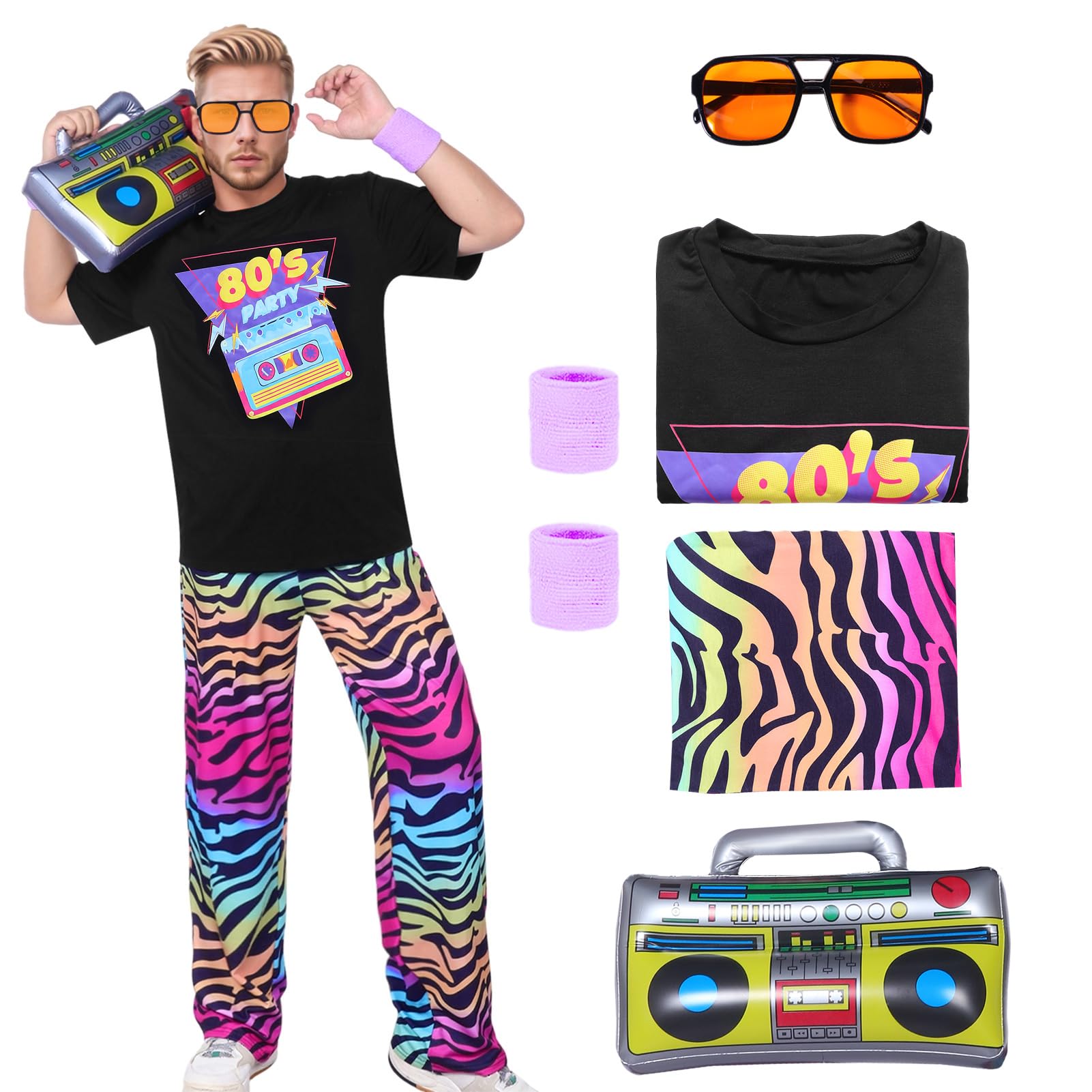 Antsparty 80s Fancy Dress for Men, 80s Costume Set with Glasses Wristbands Inflatable Radios, 80s 90s Outfit for Themed Disco Party Carnival