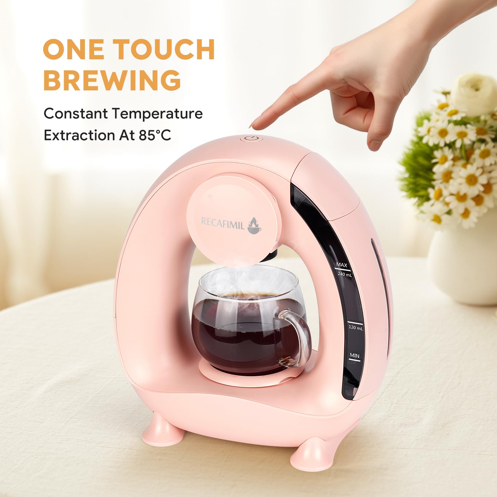RECAFIMIL Mini Q - Macchina da caffè 2 in 1 monodose per preparare K-Cups o caffè macinato (113-226,8 g), macchina da caffè americano, compatta, con filtro riutilizzabile (rosa)