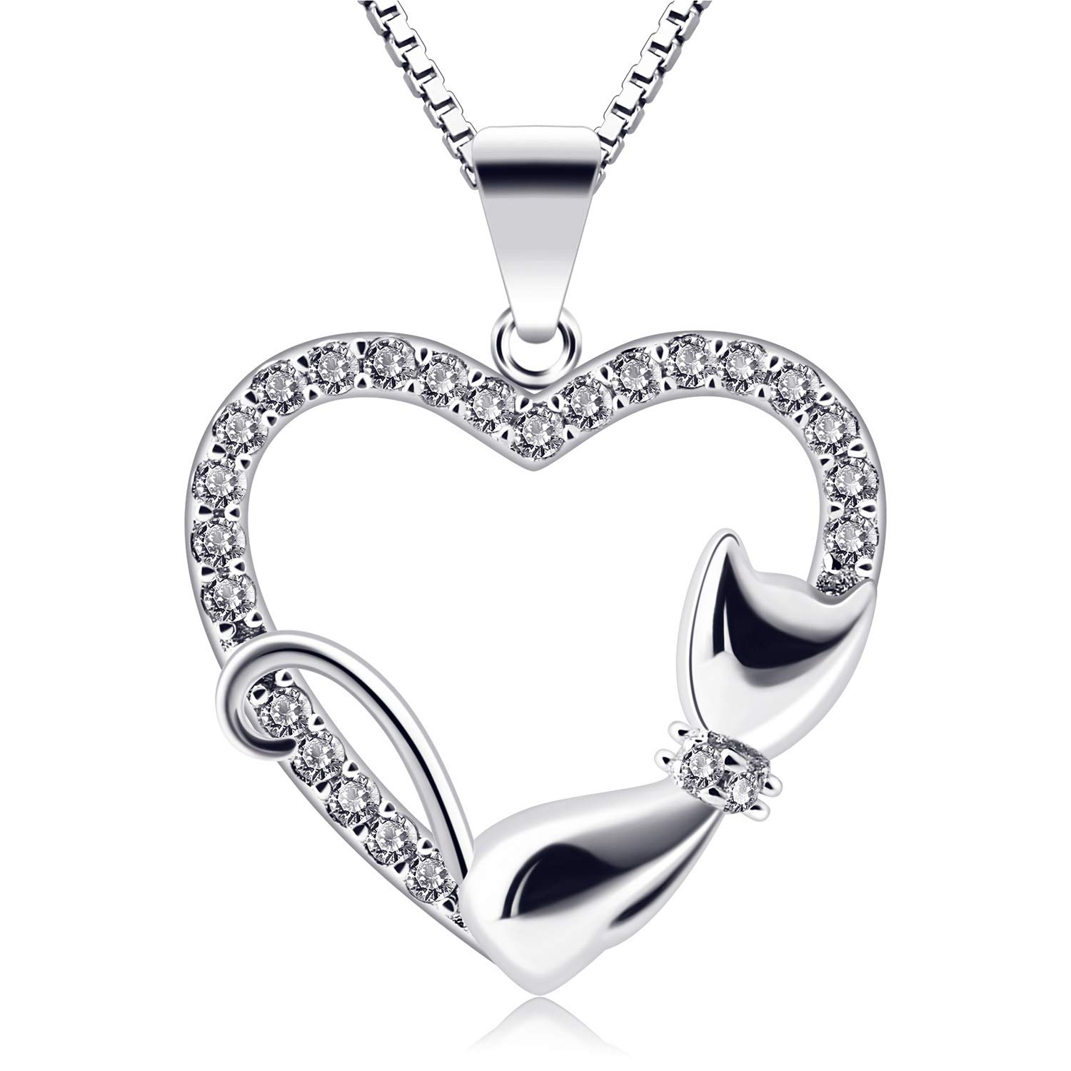 B.Catcher Corazón Collar Mujer Plata de Ley 925 Gato Colgante Navidad con Regalo Originales Cadena 45cm Longitud