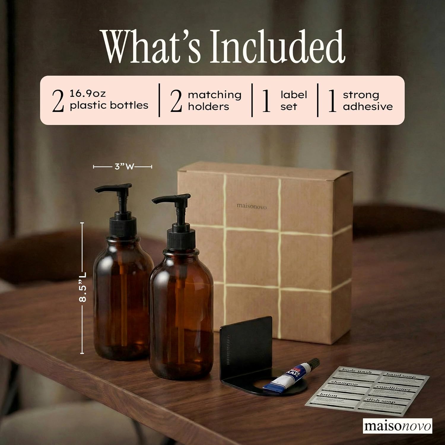 Shampoo and Conditioner Dispenser Wall Mounted Set of 2 Amber Black - No Drill Shower Soap Dispenser for Bathroom Refillable - Spa Hotel Style Accessories by MaisoNovo