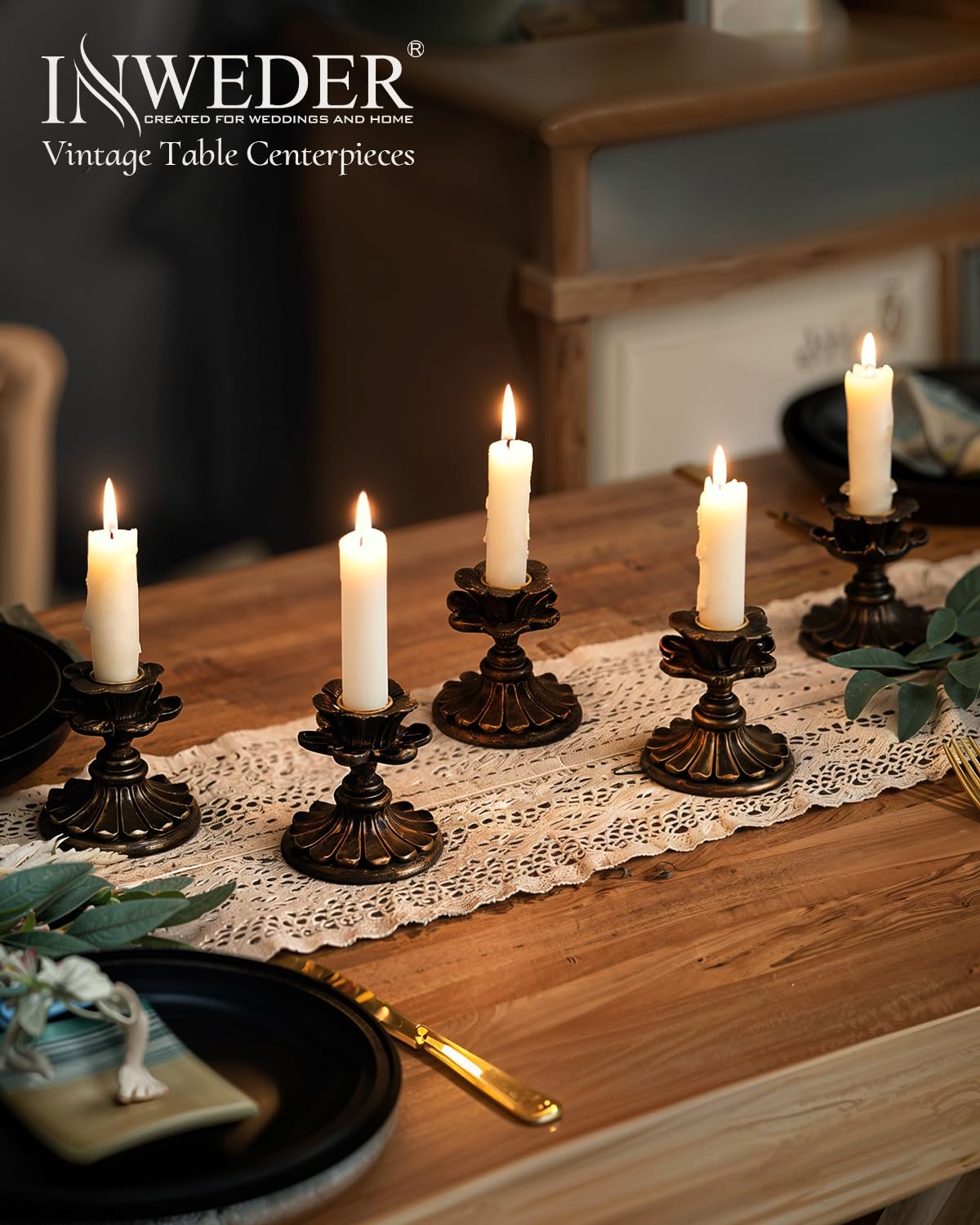 Inweder Vintage Candlestick Holders: 2Pcs Resin Antique Candle Holders for Table & Mantel - Black
