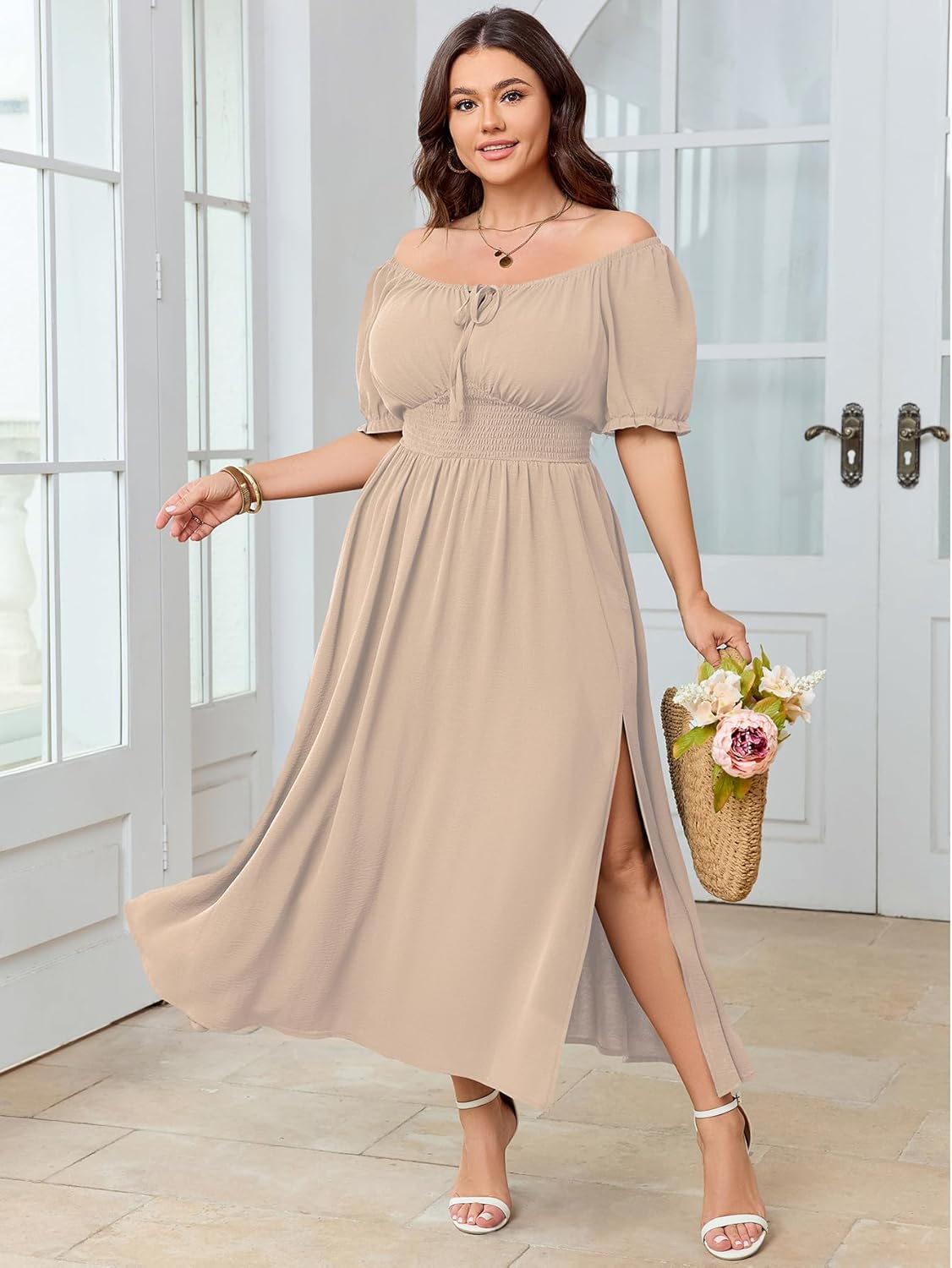 Women's Plus Size Maxi Dress Short Sleeve Smocked Square Neck Tie Front Split A-Line Flowy Long Dresses - Image 3