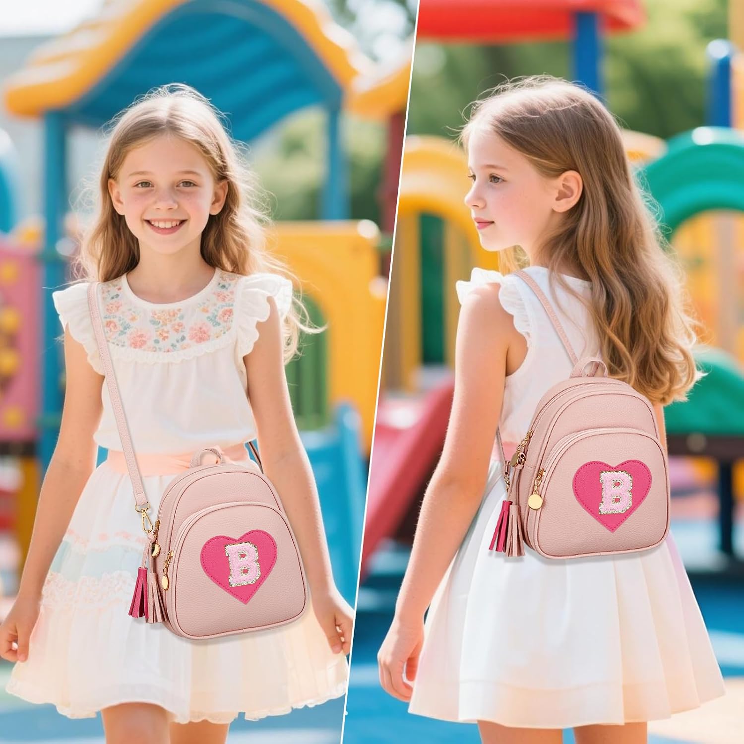 Easter Gifts for Kids Gifts for Girls Little Girl Initial Mini Heart Backpack Purse Crossbody Bag with Tassel，Pink-B