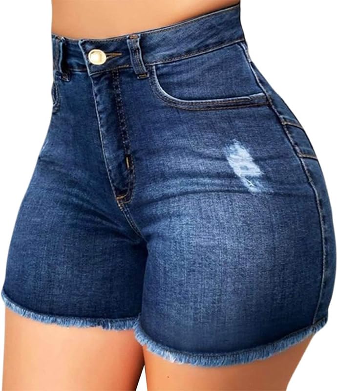 Jean Shorts for Women High Waisted Skinny Stretchy Denim Shorts Summer Frayed Raw Hem Distressed Ripped Short Jeans