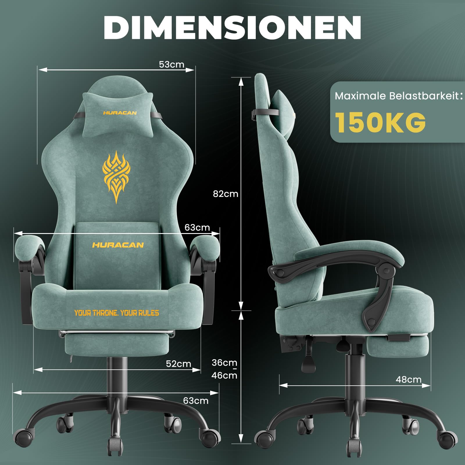 Huracan Chaise Gaming Ergonomique, Fauteuil Gamer avec Repose-Pieds Télescopique Coussin à Ressorts, Support Lombaire, Tissu Velours Respirant pour Les Longues Sessions de Gaming et de Travail, Vert