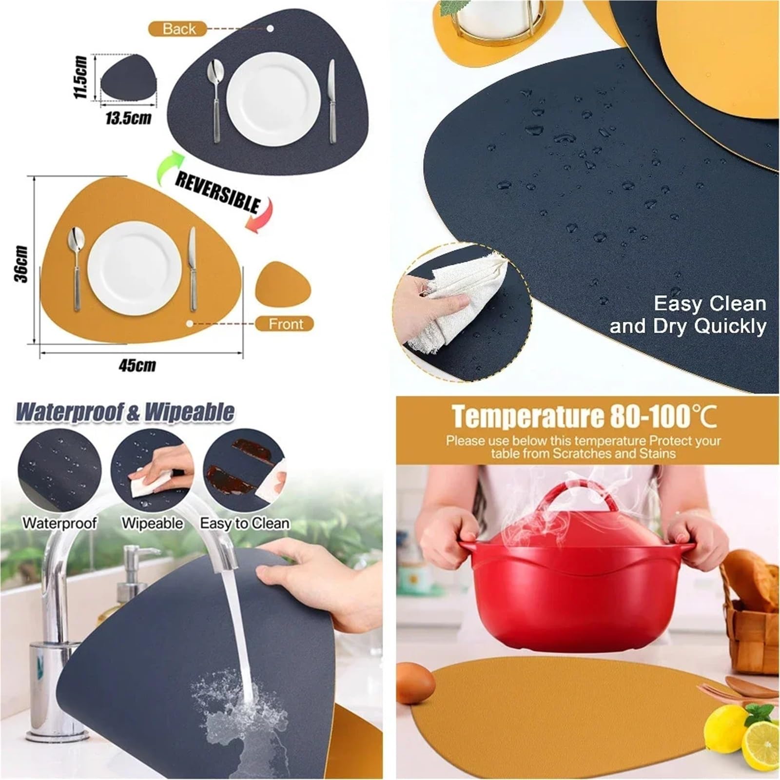 Faux Leather Placemats Lot de 4 Sets Table et Dessous Verre en Similicuir Double Face PU for décoration à Manger(Grey Green)