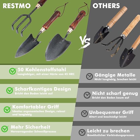 RESTMO 3 Piece Garden Tools Set Carbon Steel Garden Tools Ergonomic wooden handle including garden shovel plant trowel and garden claw robust and durable a gift for lovers