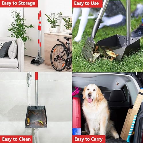 Miniatura 5 de QiMH Juego de bandeja y rastrillo mejorado para excremento de excremento de mascotas de metal inoxidable con mango largo ajustable para perros