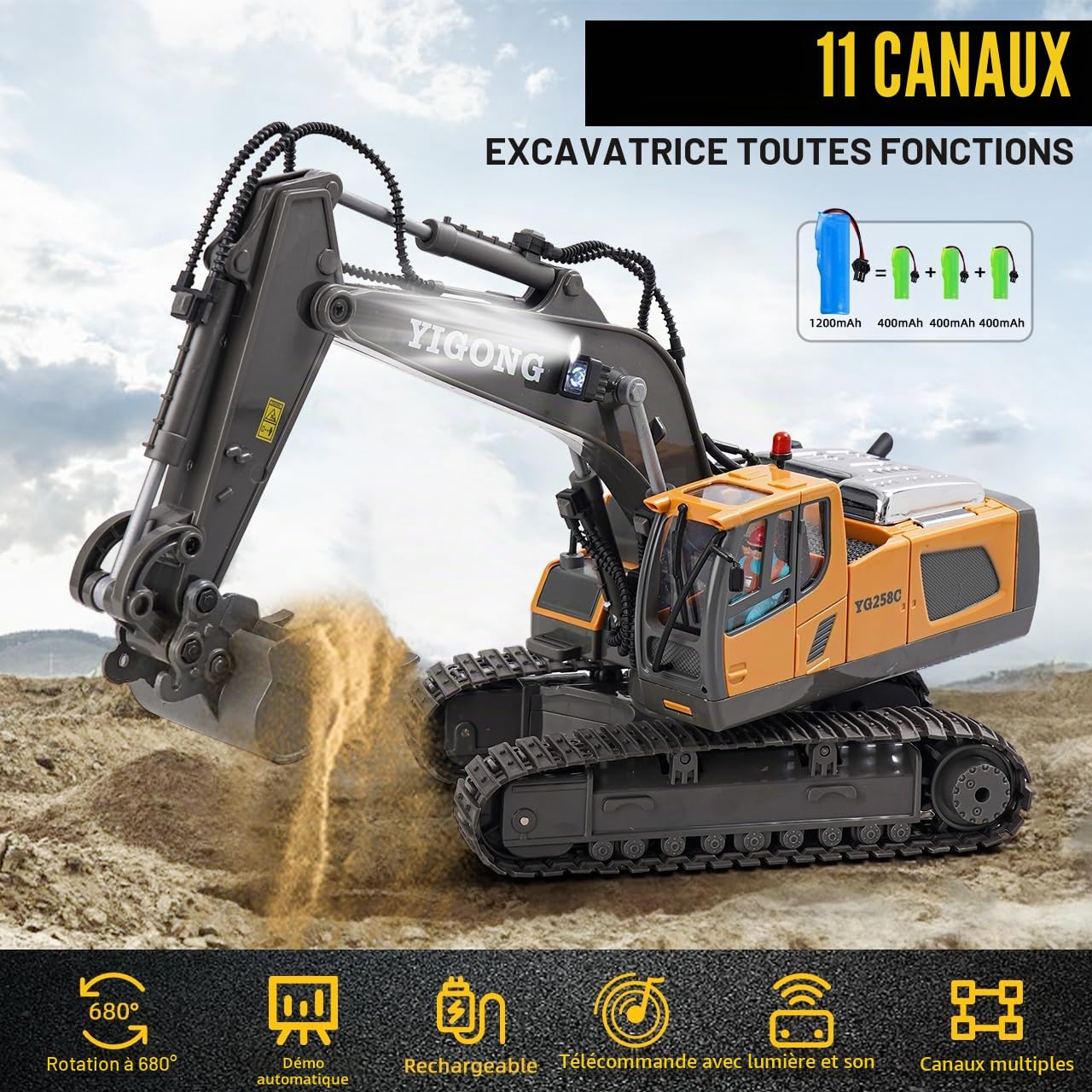 Excavatrice télécommandée à partir de 6 Ans, Jouet d'excavatrice RC Pelle en métal, Rotation à 680 °, lumière et Effets sonores, Jouet Digger Enfants 7 8 9 10 11 12 Ans