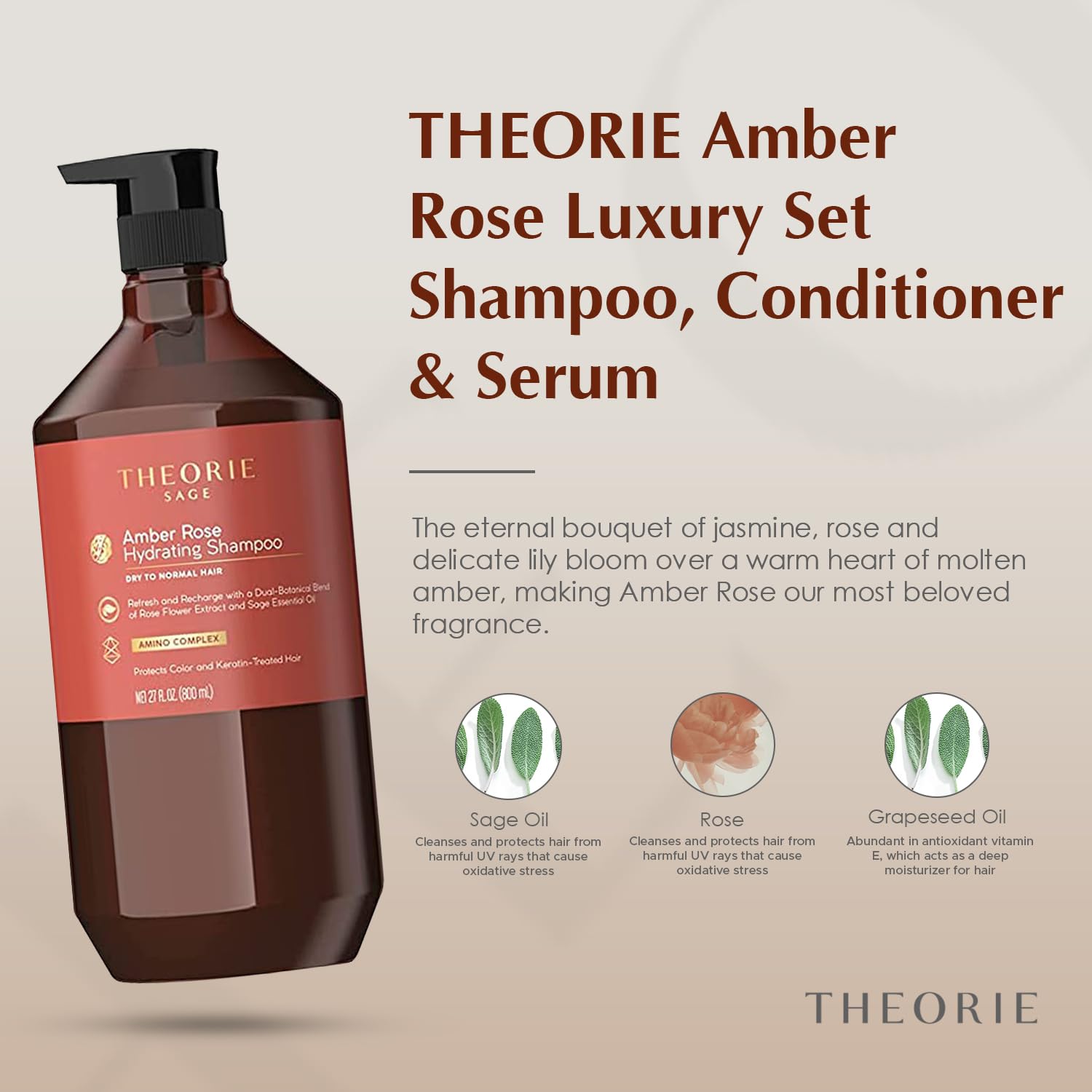 Theorie Amber Rose Luxury Set- Shampoo, Conditioner & Serum- Refresh & Hydrate, Irresistible Scent of Rose, Jasmine & Amber, Suited For All Hair Types-Color & Keratin Treated Hair