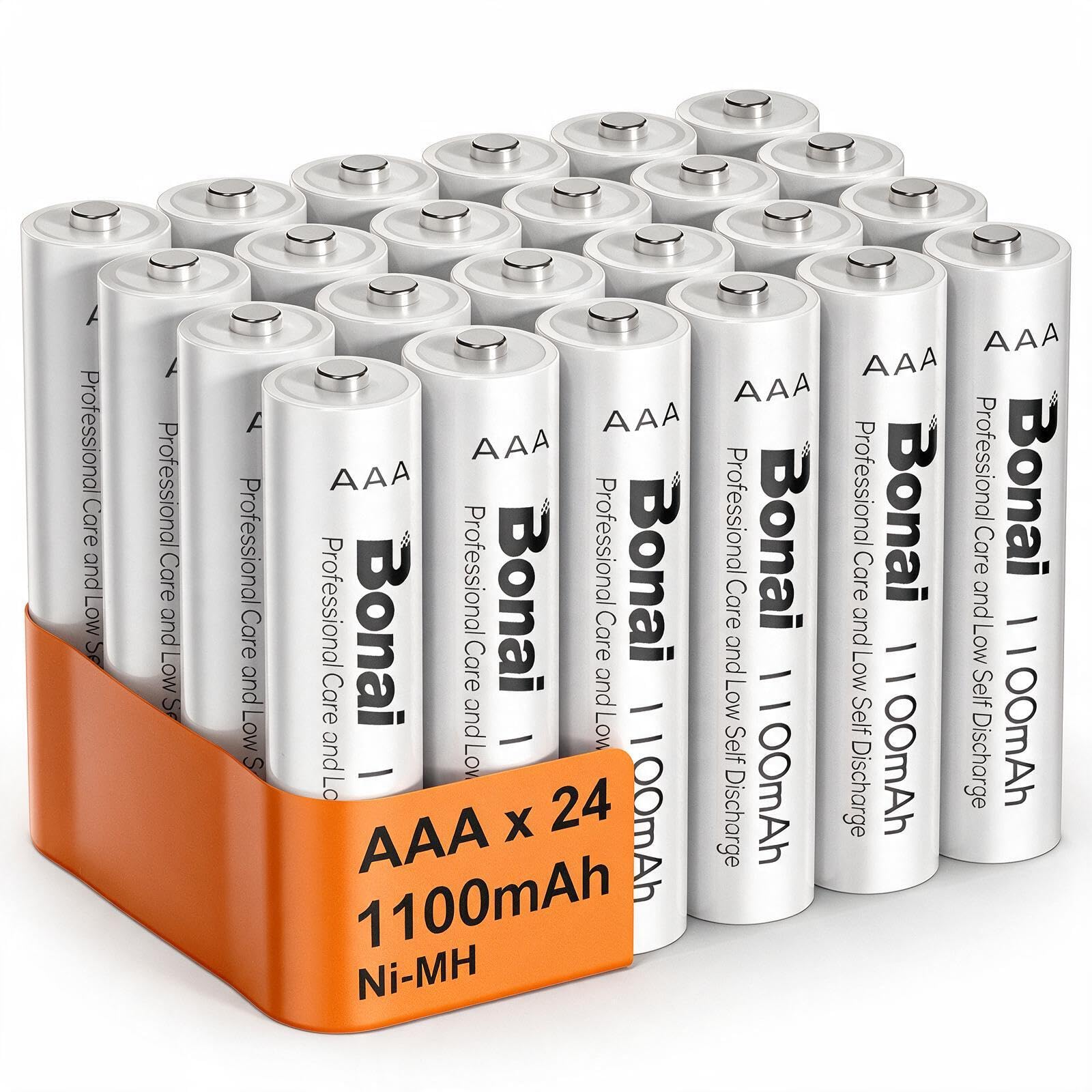 BONAI 24 Batterie Ricaricabili AAA Ni-MH 1100mAh 1.2V Scorta Famiglia Pile Ministilo 1200 Cicli di Ricarica per Luci Solari Esterno Sensori Allarme e Dispositivi Professionali