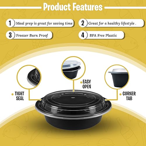 Miniatura 2 de Fonteme Recipiente redondo de preparación de comidas de 32 onzas con tapas, paquete de 50 unidades, recipientes desechables para almacenamiento de