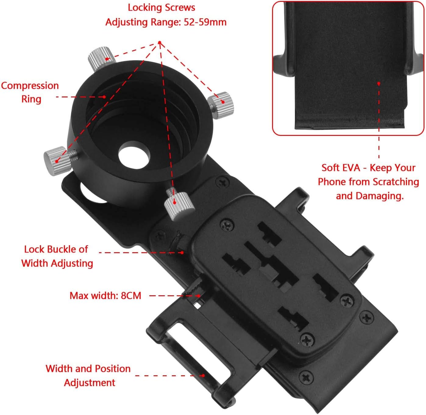 Astromania Smartphone iPhone Adapter with T2 Thread and Eyepiece Adapter 44-52mm - for Photography with telescopes and Spotting Scope or Binoculars
