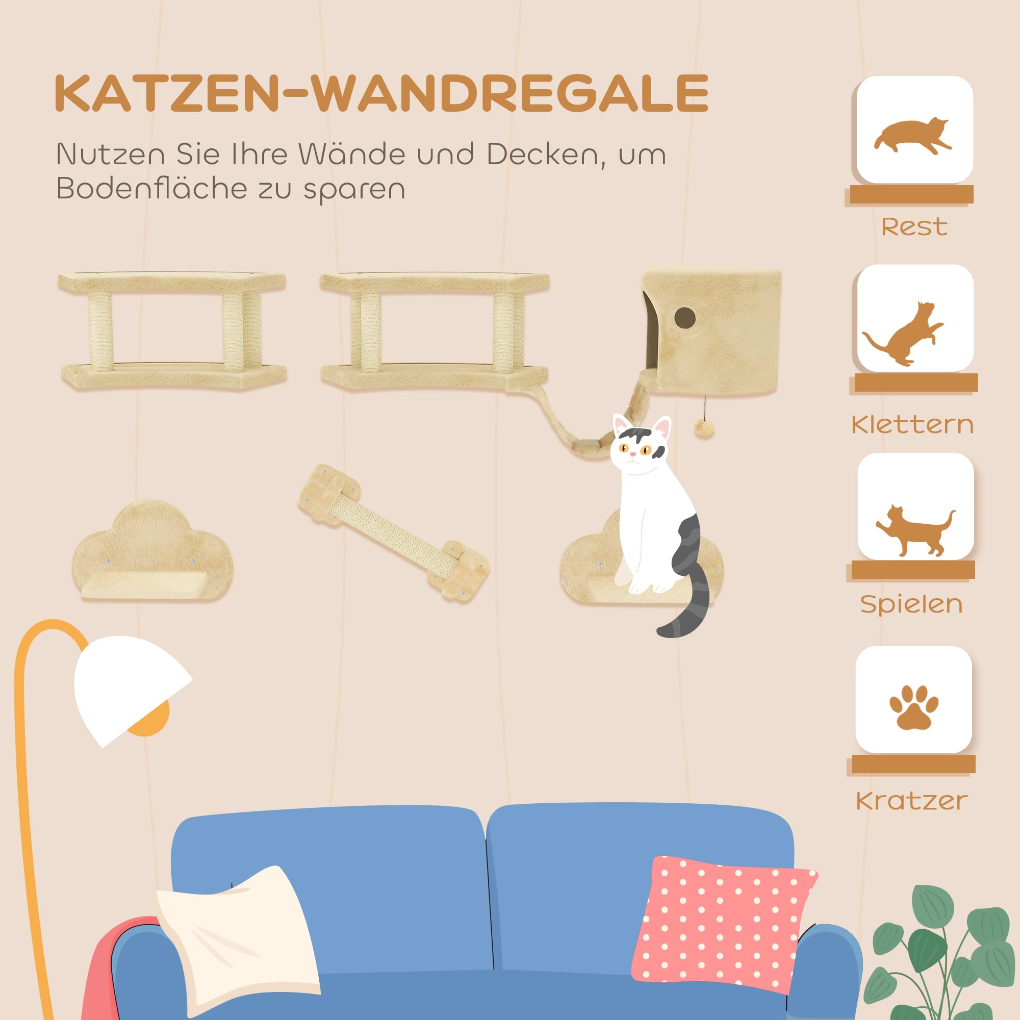 PawHut Kletterwand Katzen 5-Teilig Kratzstamm Katzenhaus bis 5 kg Beige | Katzenkletterwand, Katzen Wandelemente, Sprungplattformen, Katzenleiter, Katzenwandmöbel Set, für Klettern Spielen Schlafen