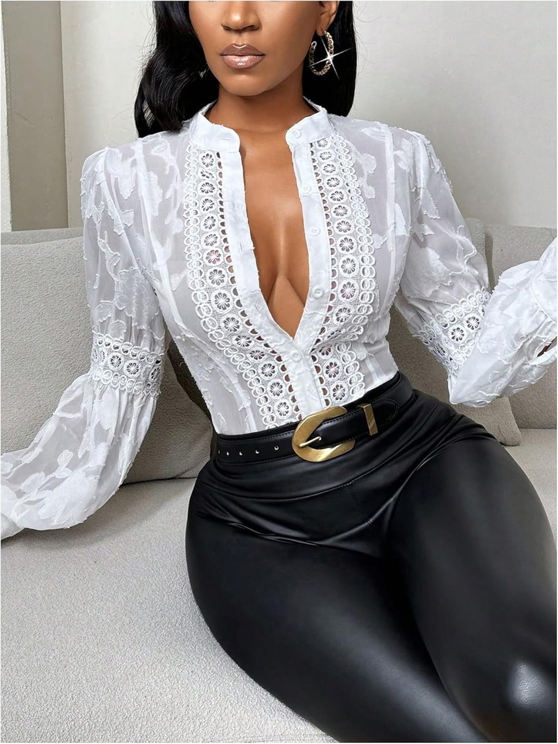 Floerns Women's Floral Embroidery Button Down Blouse Lantern Sleeve Mock Neck Dressy Shirts - Image 5