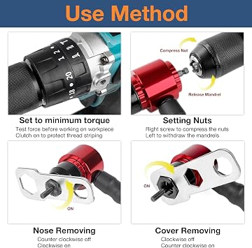 YUZES Rivet Nut Tool Adapter for Cordless Drill Electric with 5 Metric and 6 SAE Mandrels and 50Pcs Assorted Rivet Nuts