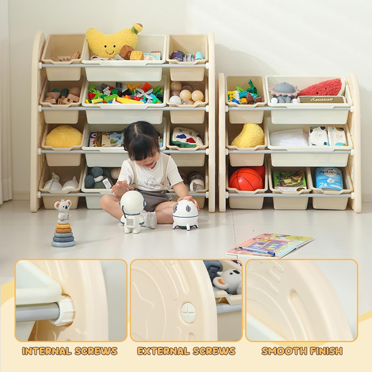 Toy Storage Organizer with Removable Bins and Bookshelves Kids Toy Shelf Bookcase for Bedroom, Nursery, or Montessori Playroom(Beige,33 * 13 * 24.8in)