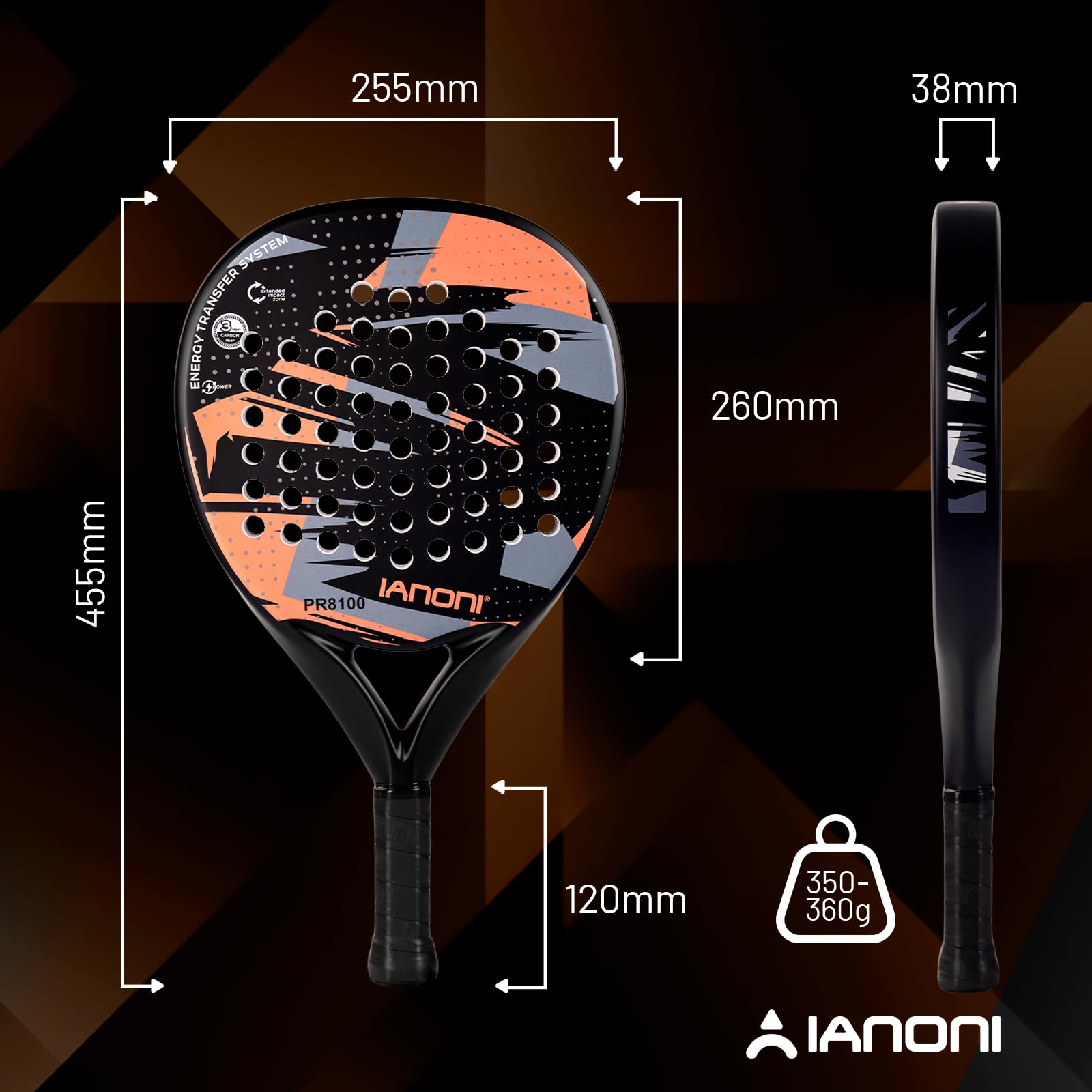 IANONI Racchetta da padel con superficie in fibra di carbonio con nucleo in schiuma EVA Memory Flex Foam Racchetta da tennis Paddle Paddle Racchetta da tennis - 8100 grigio-arancione