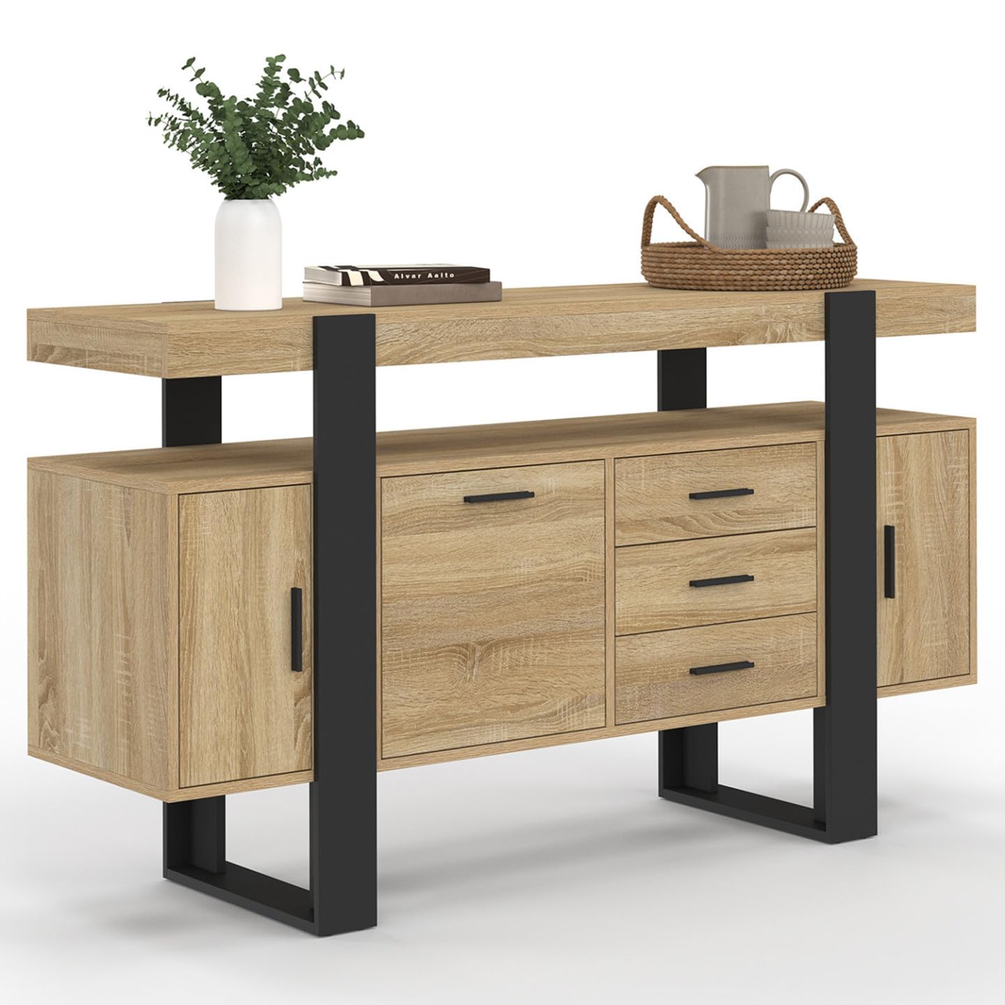 IDMarket - Aparador PHOENIX 140 cm con 3 puertas y 3 cajones en madera y negro