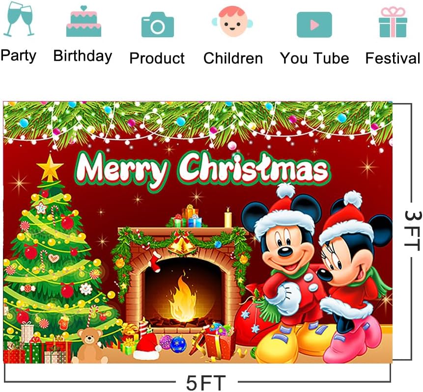 Miniatura 2 de Telón de fondo rojo de Navidad para decoración de fiesta de Navidad de Mickey Mouse, fondo de chimenea de Navidad para decoración de mesa de tartas,
