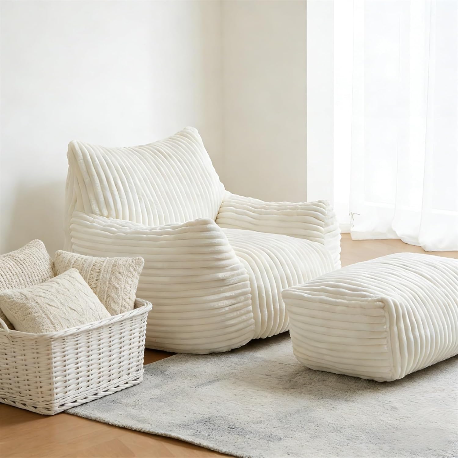 Plush Bean Bag Chair with Armrests, Comfy Beanbag Sofa for Kids & Adults, Oversized Bedroom Chair, Cozy Bean Bag for Living Room Reading(with footrest)