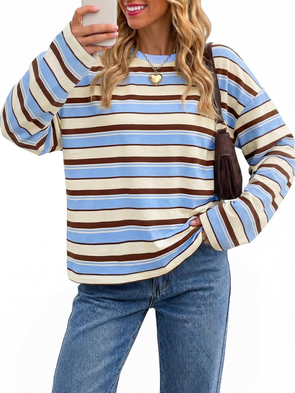Cicy Bell Damen Gestreift Langarmshirt Oversize Rundhals Oberteil | Streifen,Langarm,Loose Fit,Basic,Bluse,Baumwolle,Top,Sweatshirt,Casual