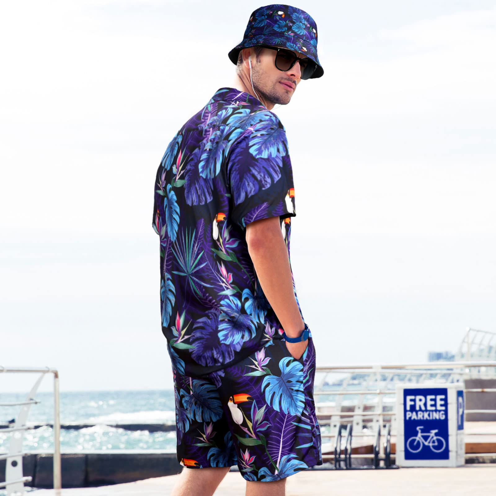 4-teiliges Hawaii-Hemd und kurzes Set für Herren, lässiges Button-Down-Sommer-Strand-Blumen-Outfits mit Hüten und Sonnenbrillen