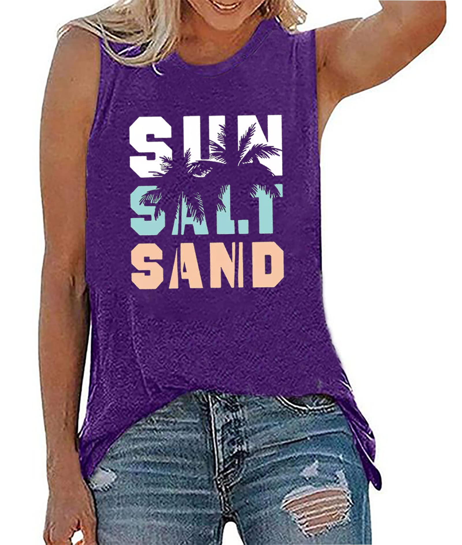 Sun Salt Sand Coconut Tree Tank Tops for Women Sleeveless Beach Praty Shirt Summer Hawaiian Holiday Tank Tops