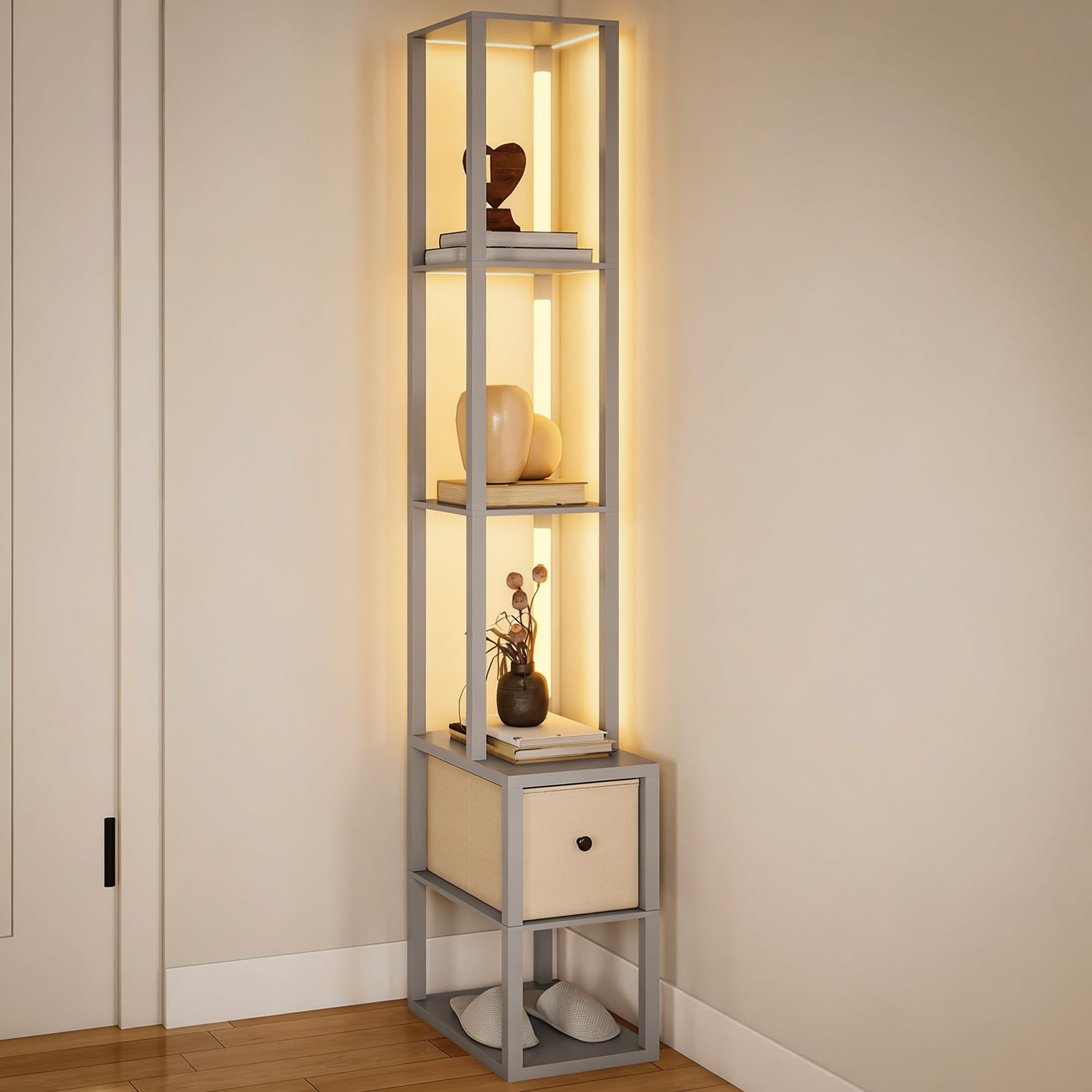 Homcom (Grey) Floor Lamp With Shelves, Led Standing Lamp With Fabric Drawer Grey