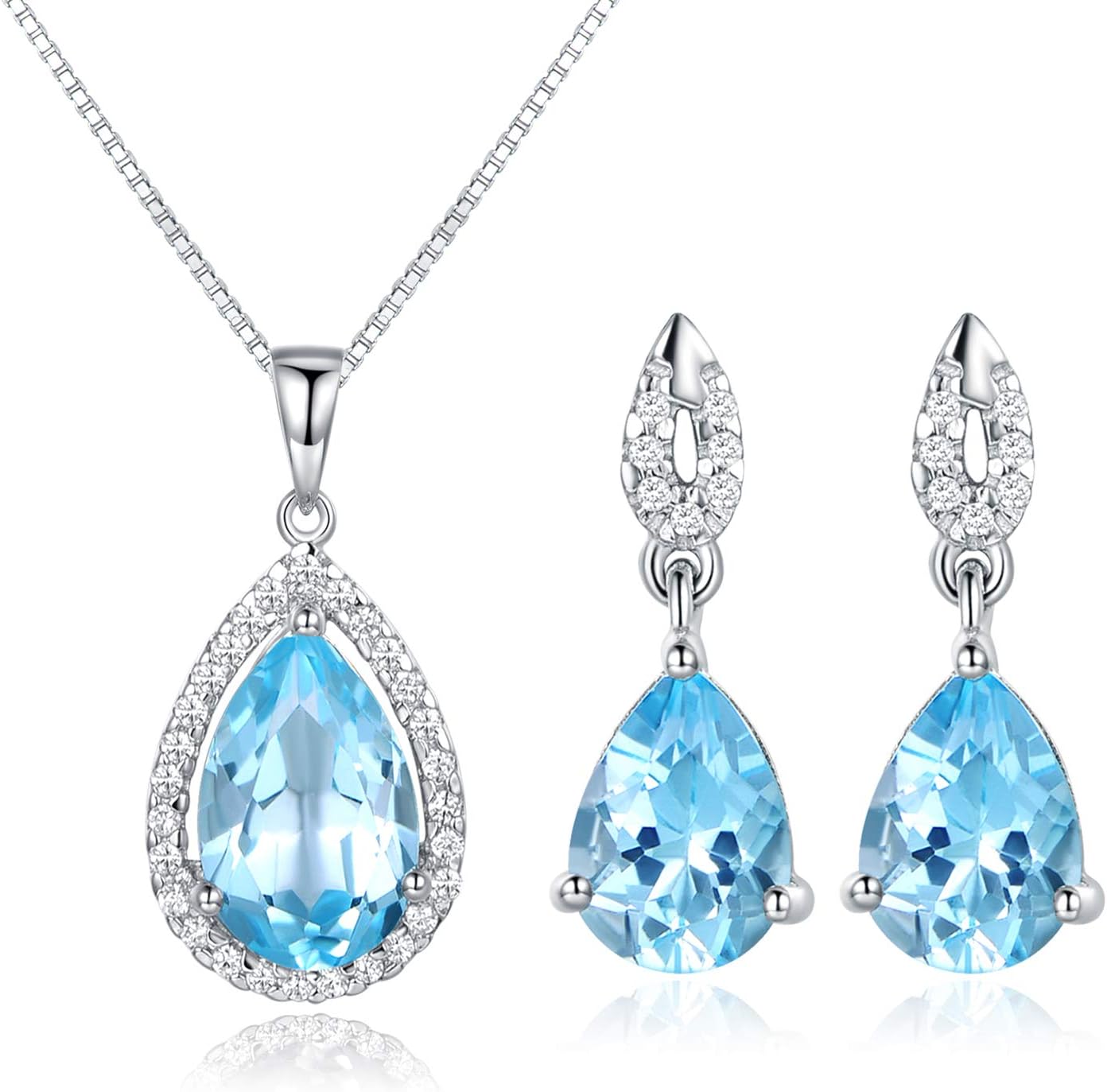 JiangXin Natural Sky Blue Topaz 925 Sterling Silver Jewellery Set for Women Gemstone Pendant Necklace Stud Earrings